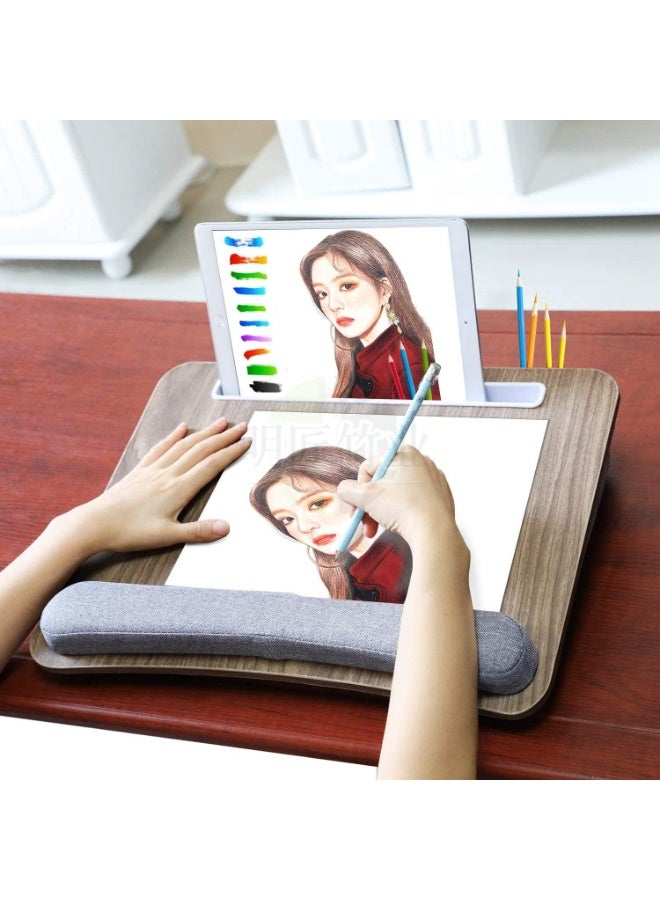 مكتب الكمبيوتر المحمول مع وسادة، 17 "x 13" سم، تصميم حبوب خشبية، وسادة معصم رمادية، حامل الهاتف والأجهزة اللوحية - Image 3