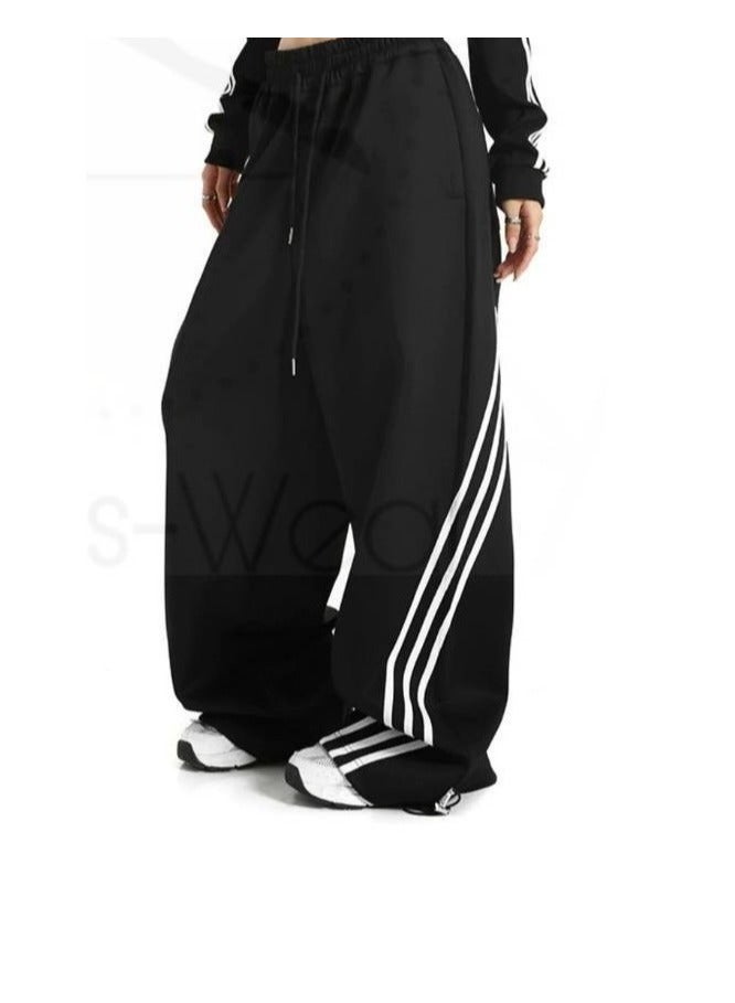 Black women's wide-leg woven striped side pants with drawstring and leg pocket