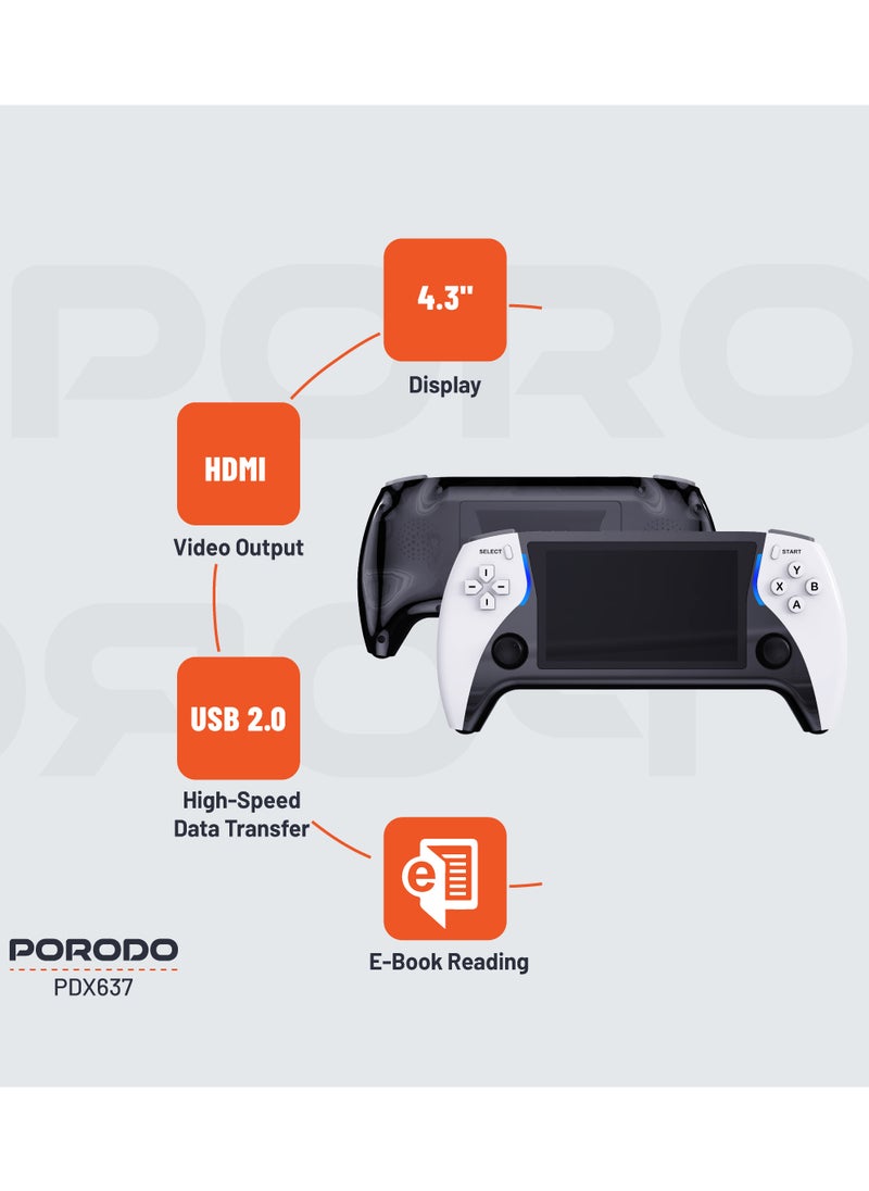porodo - 4.3" Handheld Game Console 8GB / 7 Emulators & 50000+ Games / E-Book Reading / HDMI Video Output - Black and White - Image 1