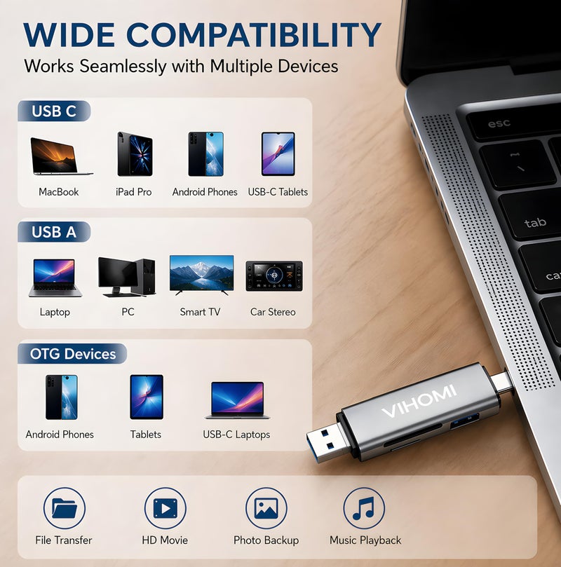 VIHOMI 6-in-1 Metal OTG Card Reader – USB Type-C, USB 3.0 & Micro USB Ports | SD, TF, Micro SD, SDHC, SDXC, MMC Compatible | Fast Data Transfer, Plug & Play, Portable Adapter for Mobile, Laptop & PC - Image 2