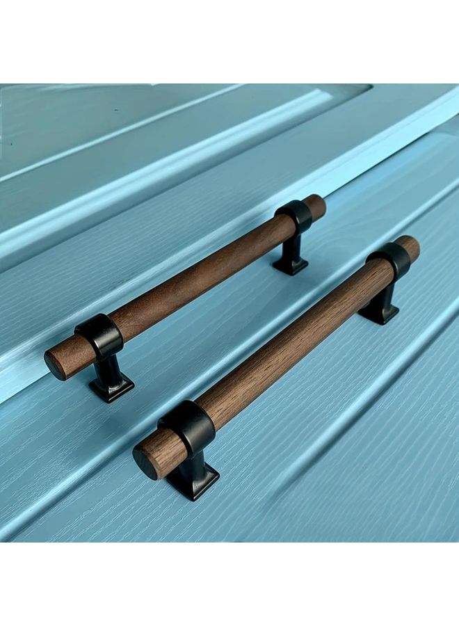 Walnut Wood Drawer Handles 2pcs 96mm Length Black Metal Base Kitchen Cabinet Pulls - Image 1