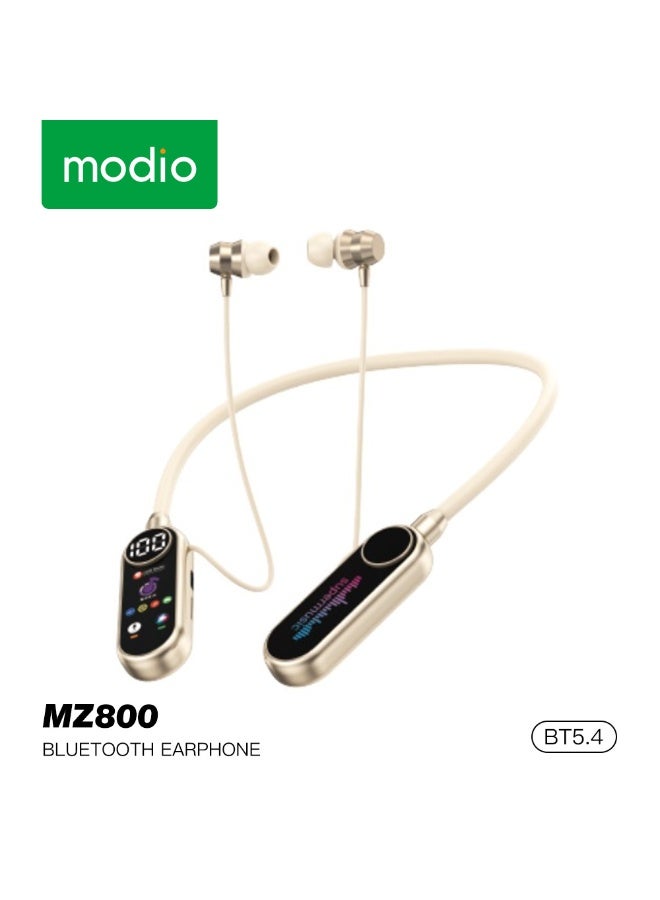 موديو سماعة رأس لاسلكية Modio MZ800 حول الرقبة بتقنية البلوتوث 5.4 مع شاشة عرض LED للطاقة وجودة صوت فائقة الجودة ودعم بطاقة TF ووقت تشغيل يصل إلى 35 ساعة باللون الذهبي - Image 1