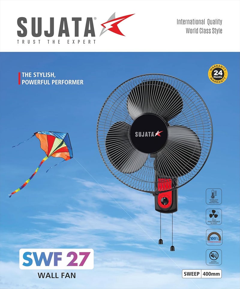 SUJATA Sujata Wall Fan 2 Years Warranty Wall Fans for Home Wall Fan for Kitchen Wall Mount Fan with 400 mm Sweep 100 Copper Motor 120 Ribs Guard 3 Speed Control SWF27 Black  - Image 5