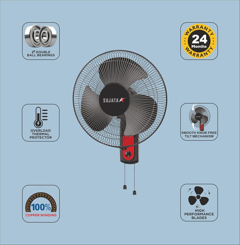 SUJATA Sujata Wall Fan 2 Years Warranty Wall Fans for Home Wall Fan for Kitchen Wall Mount Fan with 400 mm Sweep 100 Copper Motor 120 Ribs Guard 3 Speed Control SWF27 Black  - Image 2