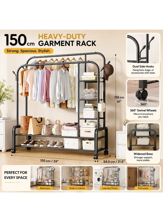 Metal Clothes Hanger stand Organizer with Wheels,Double Layered Clothes Rack,150*55*155 cm - Image 1