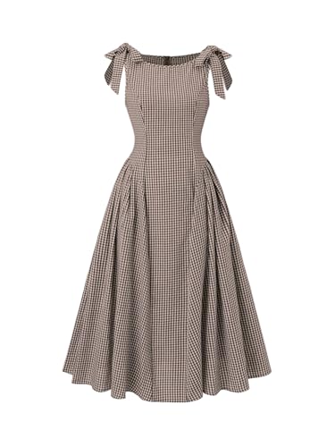 SweatyRocks Women's Vintage Plaid Dresses Bow Shoulder Checkered Boat Neck Ruffle A Line Dress Coffee Brown Medium - Image 1