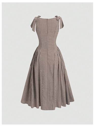 SweatyRocks Women's Vintage Plaid Dresses Bow Shoulder Checkered Boat Neck Ruffle A Line Dress Coffee Brown Medium - Image 2