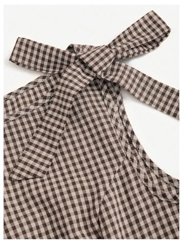 SweatyRocks Women's Vintage Plaid Dresses Bow Shoulder Checkered Boat Neck Ruffle A Line Dress Coffee Brown Medium - Image 3