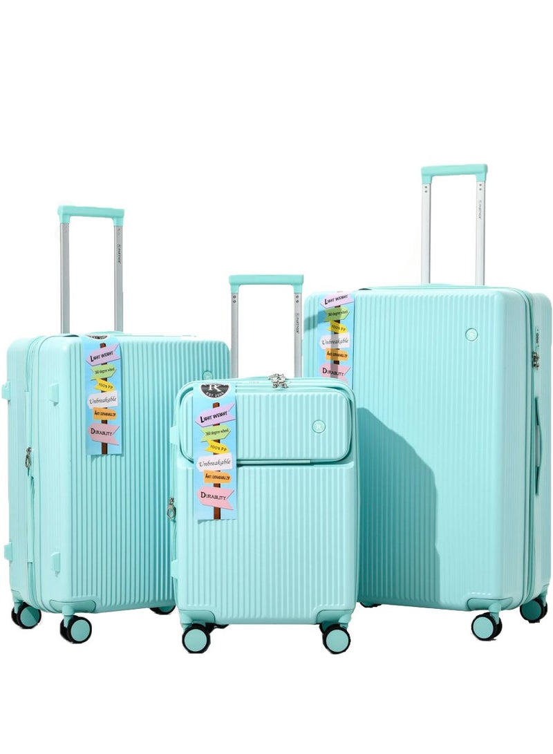 PK 3 PCS TROLLEY LUGGAGE FRONT OPEN POLY CARBON MATERIAL, LUGGAGE SUITCASE SET AND CABIN LUGGAGE BAG SET LIGHT GREEN COLOUR - Image 1