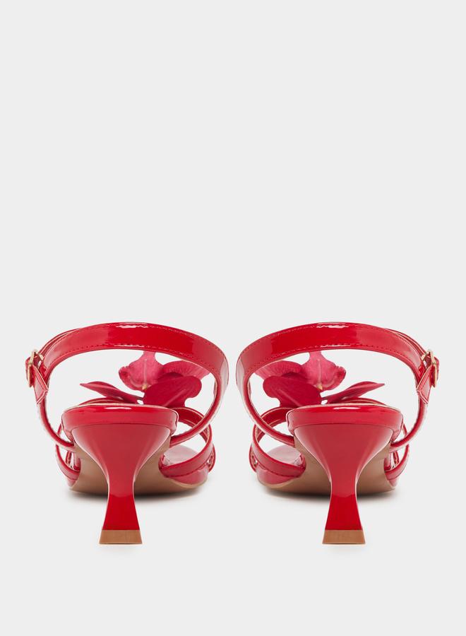 Styli Red Kitten Heel Sandals with Flower Detail - Image 4
