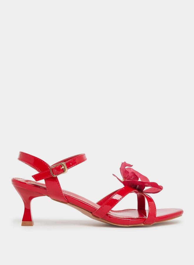 Styli Red Kitten Heel Sandals with Flower Detail - Image 1