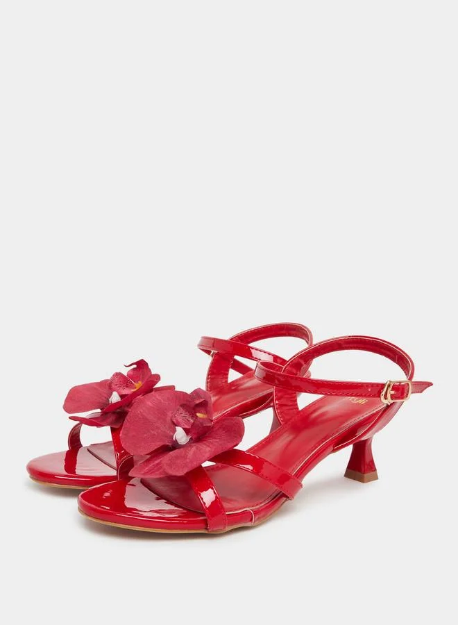 Styli Red Kitten Heel Sandals with Flower Detail