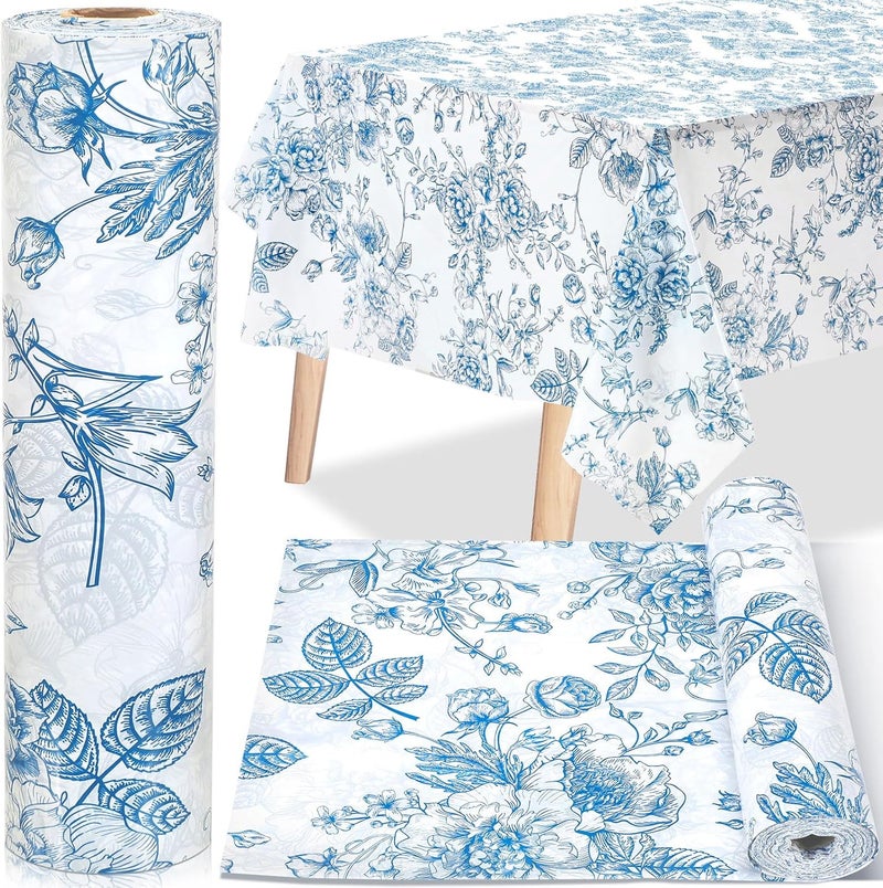 Pickmesh Blue Floral Tablecloth Roll 100 ft x 52 Inch Vintage Floral Plastic Table Cover Roll Blue Floral Party Dinner Decorations Disposable Plastic Tablecloth for Wedding Birthday Home Tea Party - Image 1