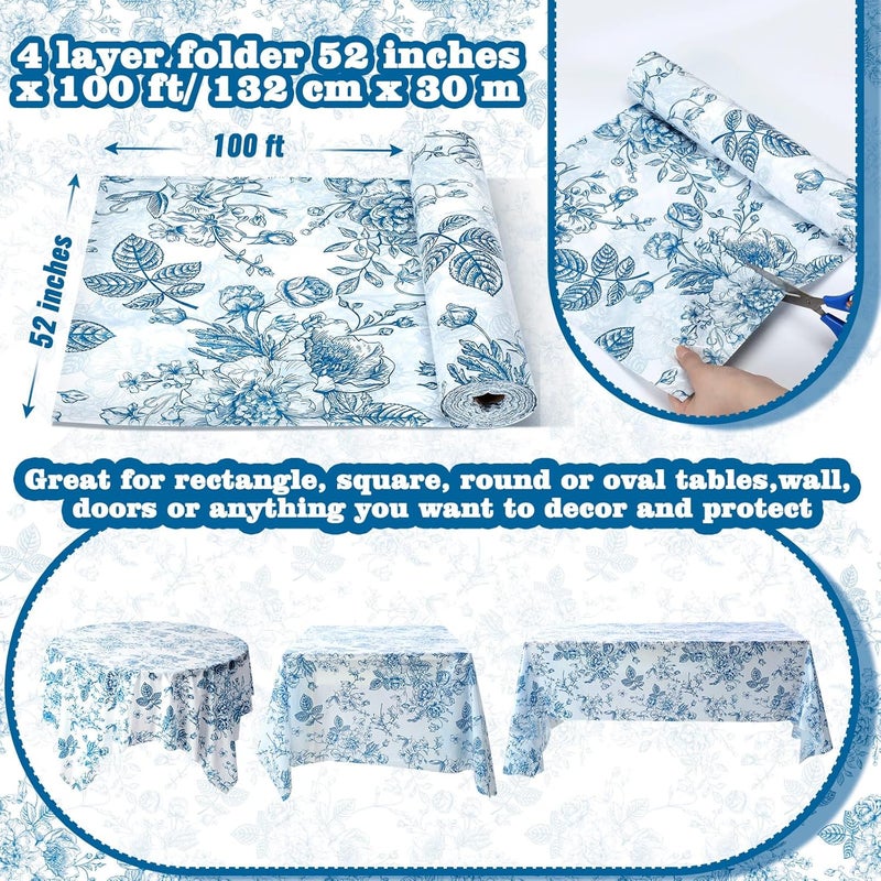 Pickmesh Blue Floral Tablecloth Roll 100 ft x 52 Inch Vintage Floral Plastic Table Cover Roll Blue Floral Party Dinner Decorations Disposable Plastic Tablecloth for Wedding Birthday Home Tea Party - Image 2
