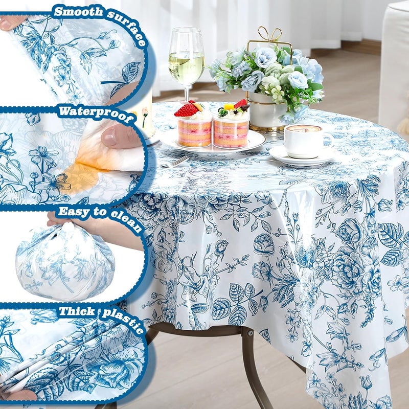 Pickmesh Blue Floral Tablecloth Roll 100 ft x 52 Inch Vintage Floral Plastic Table Cover Roll Blue Floral Party Dinner Decorations Disposable Plastic Tablecloth for Wedding Birthday Home Tea Party - Image 3