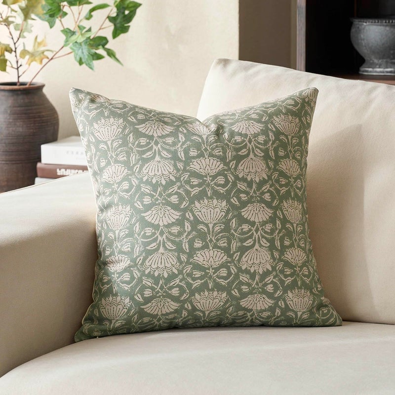 DOMVITUS Floral Pillow Covers 18x18 Decorative Throw Pillow Covers Floral Block Print Farmhouse Vintage Pillow Cover for Living Room Couch Bed Sage Green 1PC - Image 1
