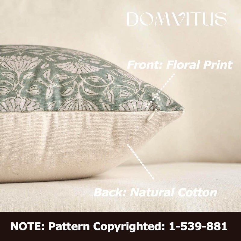 DOMVITUS Floral Pillow Covers 18x18 Decorative Throw Pillow Covers Floral Block Print Farmhouse Vintage Pillow Cover for Living Room Couch Bed Sage Green 1PC - Image 2