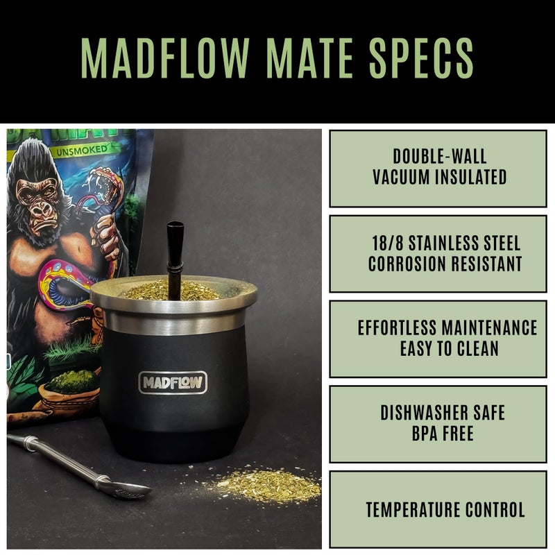 MADFLOW Yerba Mate Cup. Stainless Steel Mate Cup with 2 Bombillas. Double Wall Vacuum Insulated Yerba Mate Gourd. Unique Mate Cup And Bombilla Set - Image 4