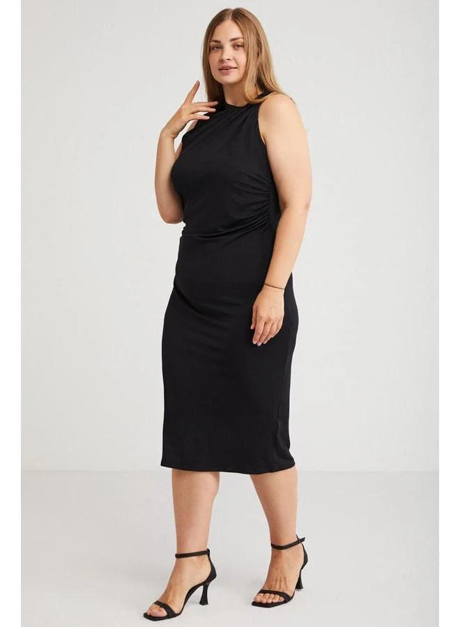 Ethiquet Iveta Women's Ruffle Detailed Strap Sleeveless Bike Neck Midi Length Black Plus Size Dress.