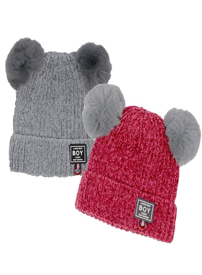 V3E Baby Boys & Baby Girl's Kid's Beanie Knit Hat Winter Double Side Pom Pom Wool Knitted Cap (Maroon & Grey)-(Pack of 02) - Image 1
