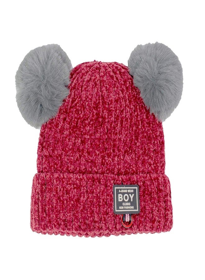 V3E Baby Boys & Baby Girl's Kid's Beanie Knit Hat Winter Double Side Pom Pom Wool Knitted Cap (Maroon & Grey)-(Pack of 02) - Image 4