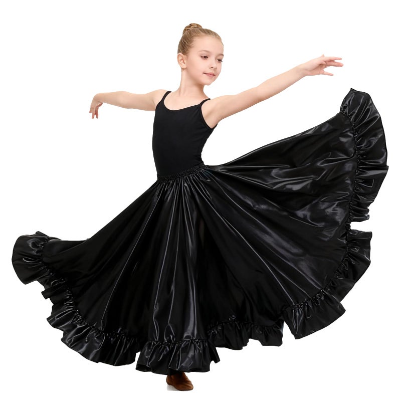 WJPUUS Satin Full Long Skirt for Circle Ruffle Skirt Satin Flowy Latin Belly Dance Umbrella Dress for Girls 8-12 Years, Black, 8-12 Years - Image 1