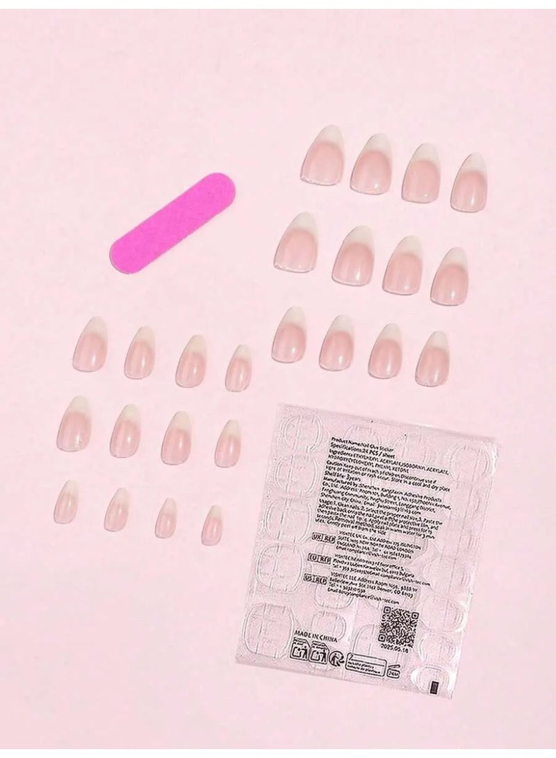 Miamia 24pcs/Set Short Almond-Shaped French Manicure Nail Stickers, Ombre Nude & Milky White, Press-On Nail Strips, Includes 1 Nail File Block And 1 Bottle Of Gel Polish Nail Supplies Nails - Image 2