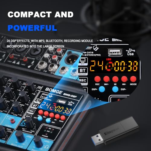 BOMGE 8 channels mini audio mixer Line MixerDC 5Vwith MP3 PlayerBluetooth U disk 48V24DSP effects USB recording Ideal for Small Clubs or Bars Studio Recording 8 channelsBLACK - Image 3