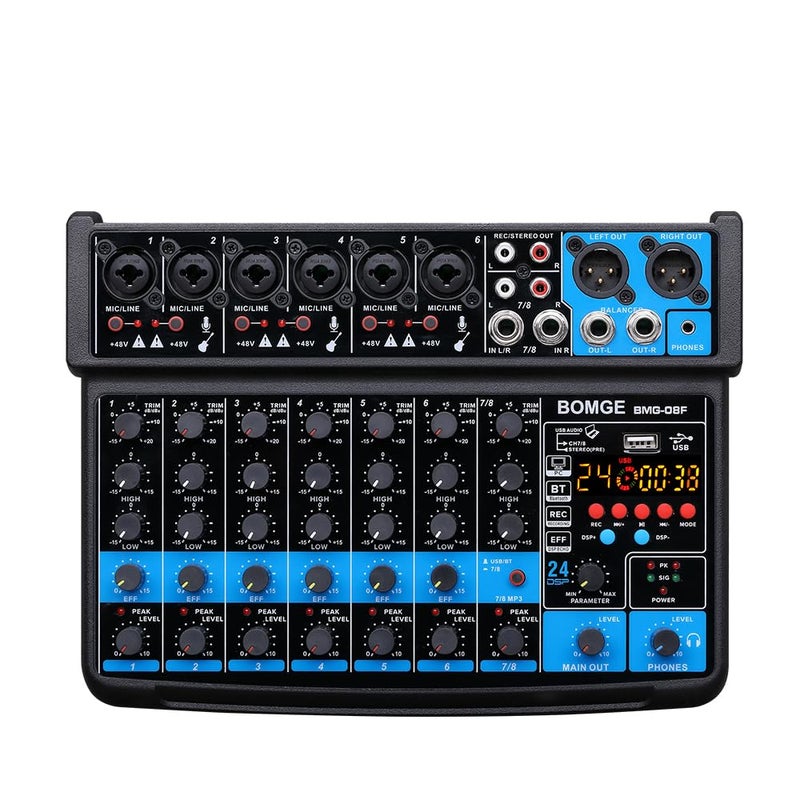 BOMGE 8 channels mini audio mixer Line MixerDC 5Vwith MP3 PlayerBluetooth U disk 48V24DSP effects USB recording Ideal for Small Clubs or Bars Studio Recording 8 channelsBLACK - Image 2