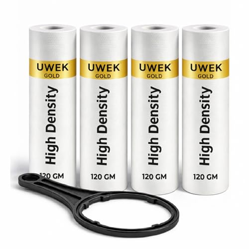 UWEK Gold 10 Inch High Density Spun Pre Filter 5 Micron PP Spun Cartridge 120 gm Sediment Filter Candle Compatible with Pre-Filter Housing of RO Water Purifier (Pack of 4 Spun + Spanner) - Image 1