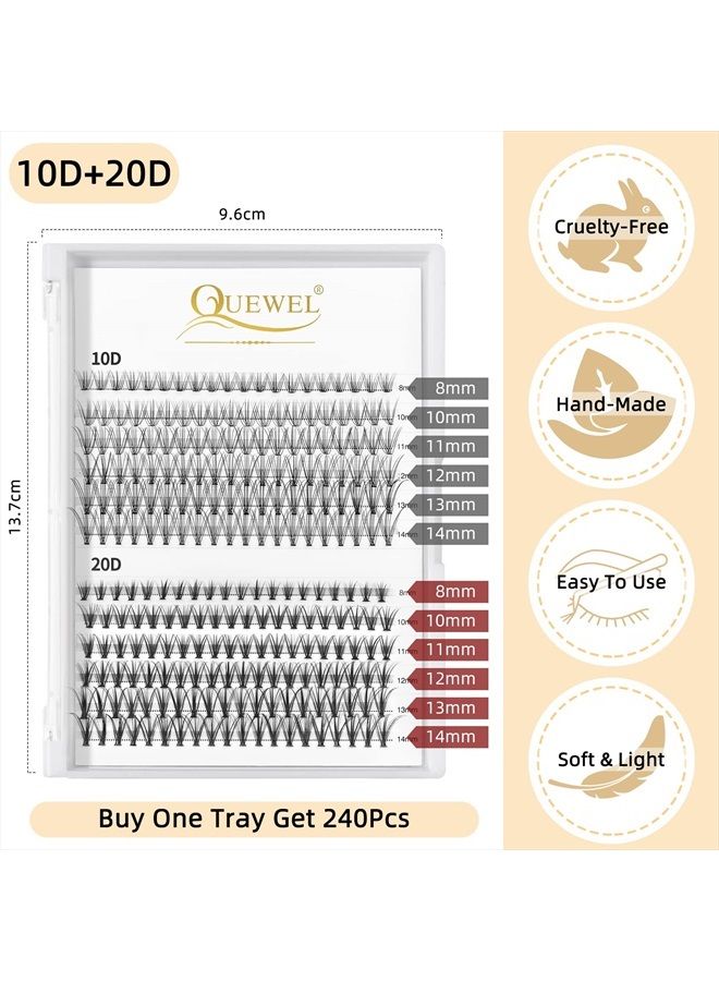 QUEWEL Cluster Lashes 240Pcs 10D+20D D Curl Mix8-14mm Lash Extensions Soft&Natural False Eyelashes Individual DIY Eyelash Extension at Home(10D+20D D MIX8-14) - Image 2