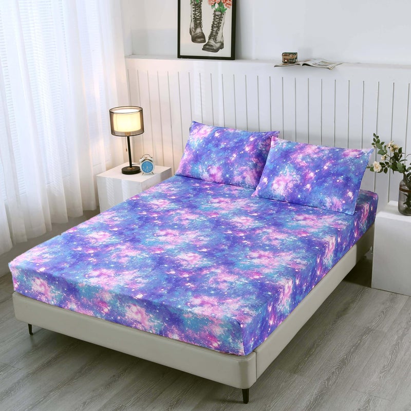 SDIII 3PCS Colorful Space Fitted Queen Sheet Set  1 Fitted Sheet and 2 Pillowcases  Bed in a Bag Galaxy Queen Bed Fitted Sheet  Aesthetic Bed Set for Kids Boys and Girls - Image 1
