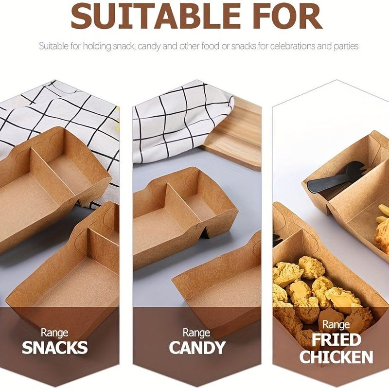 2 Compartment 50pcs Kraft Paper Food Trays Disposable Serving Trays 17.58oz Capacity Food Boats Take Out Containers For Nachos Tacos Fries BBQ Party - Image 5