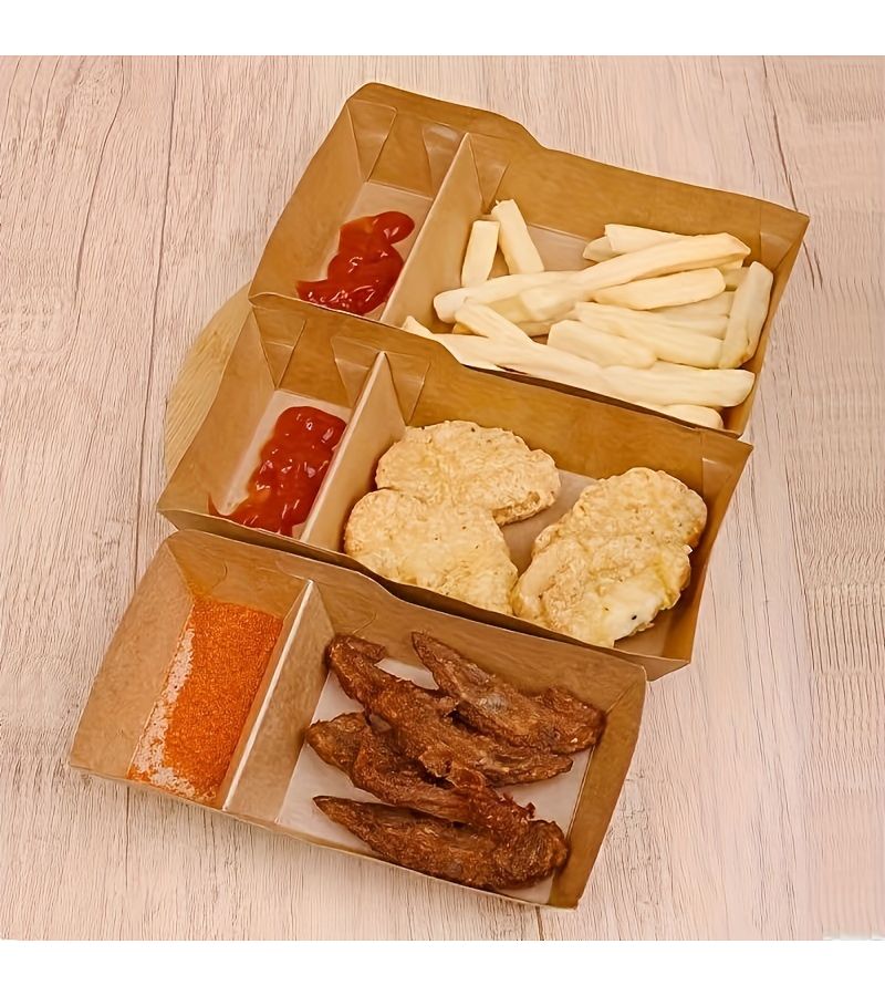 2 Compartment 50pcs Kraft Paper Food Trays Disposable Serving Trays 17.58oz Capacity Food Boats Take Out Containers For Nachos Tacos Fries BBQ Party - Image 3