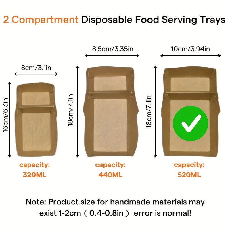 2 Compartment 50pcs Kraft Paper Food Trays Disposable Serving Trays 17.58oz Capacity Food Boats Take Out Containers For Nachos Tacos Fries BBQ Party - Image 2