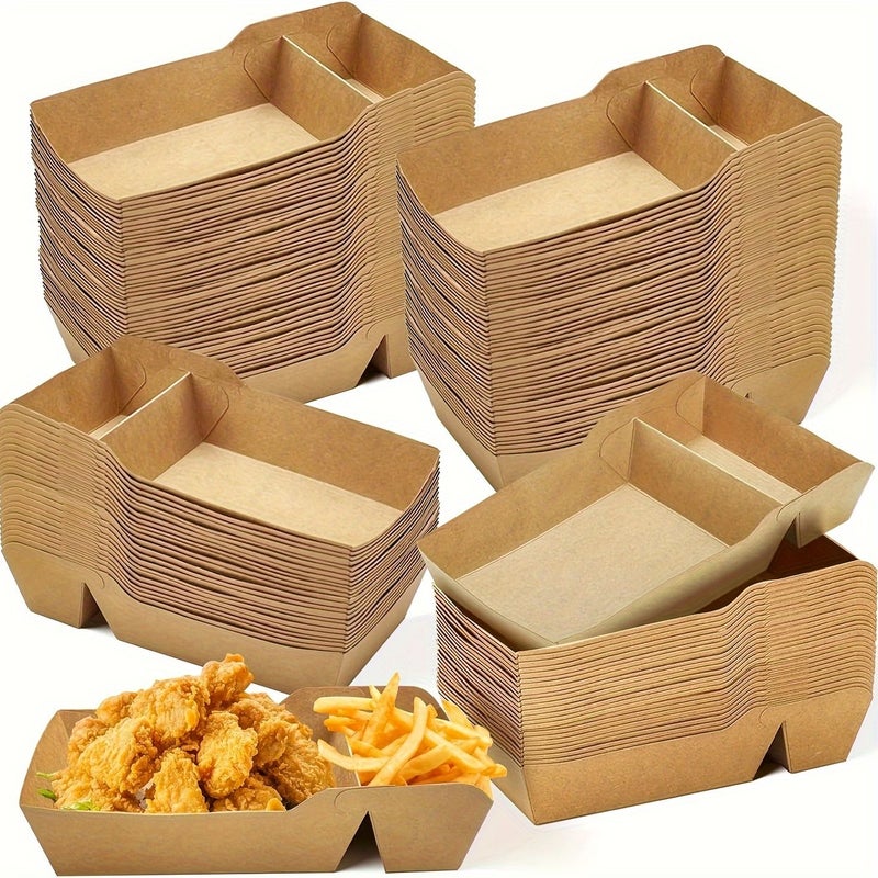 2 Compartment 50pcs Kraft Paper Food Trays Disposable Serving Trays 17.58oz Capacity Food Boats Take Out Containers For Nachos Tacos Fries BBQ Party - Image 1