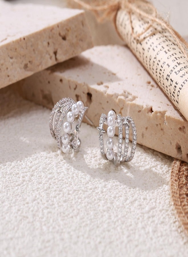 FANZE Dainty Star Cubic Zircon Pearl Huggie earrings,Gold Hoop Earrings for Women,Stud Earrings for One Hole Jewelry Gift Sliver-Tone - Image 5