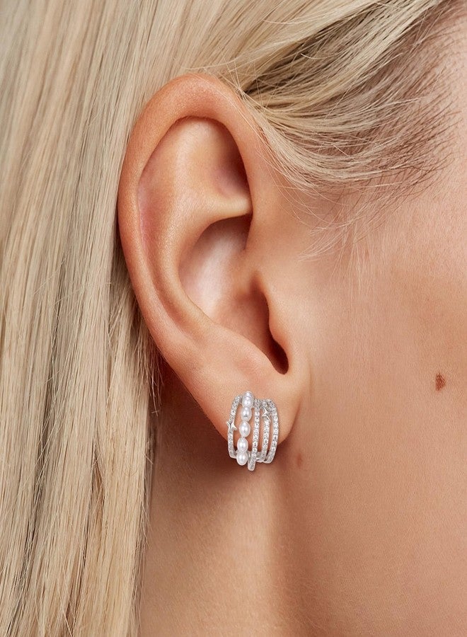 FANZE Dainty Star Cubic Zircon Pearl Huggie earrings,Gold Hoop Earrings for Women,Stud Earrings for One Hole Jewelry Gift Sliver-Tone - Image 2