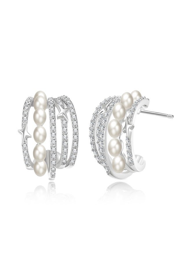 FANZE Dainty Star Cubic Zircon Pearl Huggie earrings,Gold Hoop Earrings for Women,Stud Earrings for One Hole Jewelry Gift Sliver-Tone - Image 1