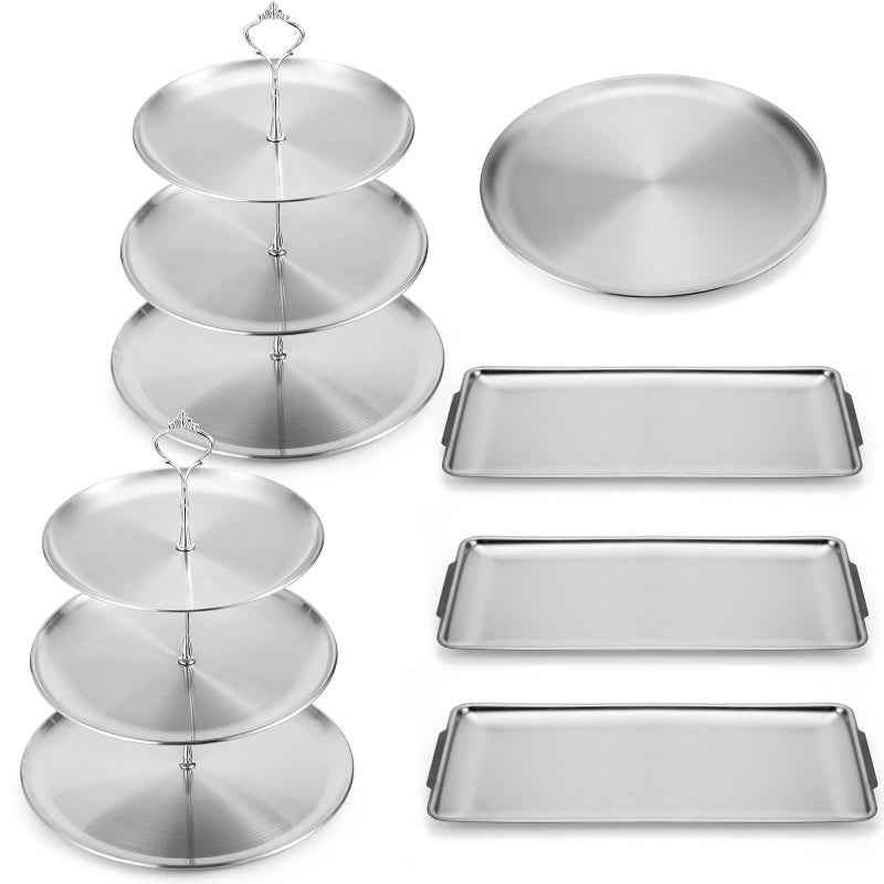 Zubebe 6 Pcs Dessert Table Display Set 2 Stainless Steel Cupcake Stand 3 Tier Cake Holder 3 Rectangle Serving Tray 1 Round Cake Tray Tiered Candy Cupcake Tower for Party Wedding Birthday Silver