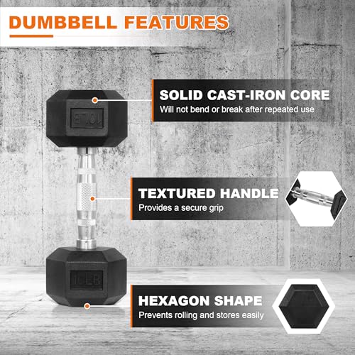 BalanceFrom Rubber Encased Hex Dumbbell in Pairs or Singles, Black - Image 2