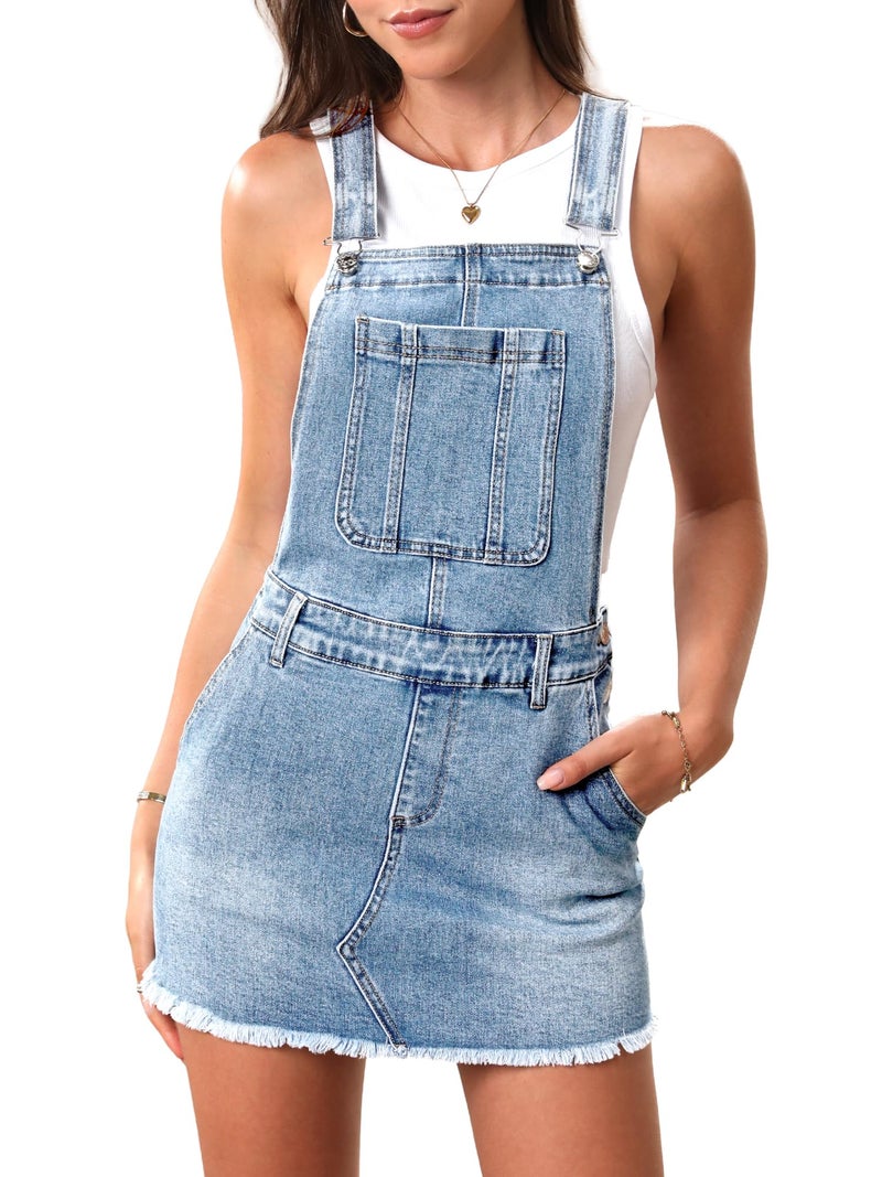 ELLEVEN Denim Overalls Dress for Women Mini Cute Jean Overall Dresses Womens Jumpers and Rompers Summer Denim Jumpsuit Light Blue Medium - Image 1