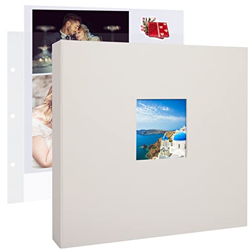 1DOT2 12x12 Inch Large 3 Ring DIY Scrapbook Photo Album Journal with 30 Plastic Sleeves 60 Pages and Fabric Cover for Baby Travel Wedding Couple Anniversary kids Adventure (Beige Cover/White Pages) - Image 1