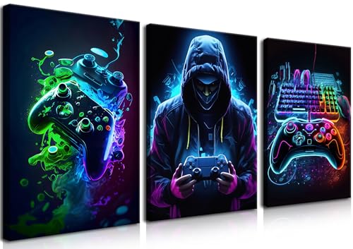 BGFCE Cool Gaming Canvas Wall Art Set of 3, Retro Video Game Watercolor Poster Pictures, Neon Gamepad Gamepad Painting Prints Game Room Bedroom Wall Decor 12x16 in Framed - Image 1