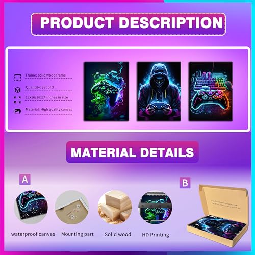 BGFCE Cool Gaming Canvas Wall Art Set of 3, Retro Video Game Watercolor Poster Pictures, Neon Gamepad Gamepad Painting Prints Game Room Bedroom Wall Decor 12x16 in Framed - Image 5