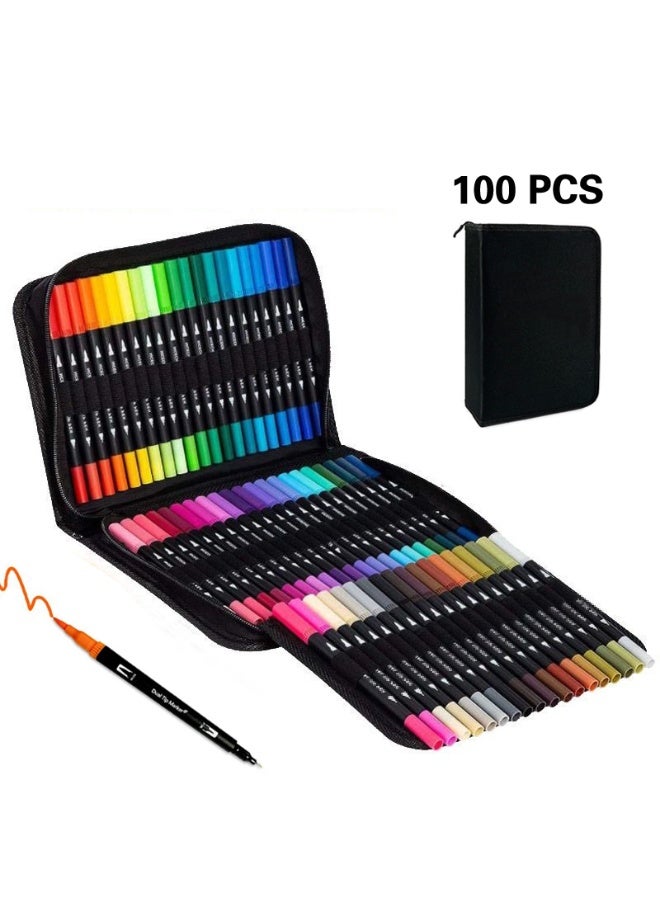 100 Colors Dual Brush Pens for Kids Adult,Fine liners & Brush Tips Watercolor Pen Set for Coloring Books, Calligraphy, Drawing, Sketching - Image 1