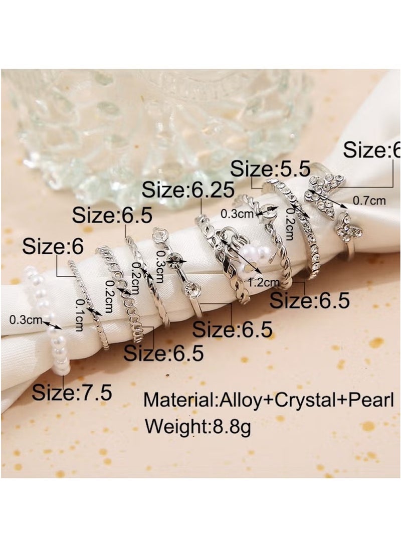 Huitich 9 Pcs Elegant Silver Ring Set – Alloy, Crystal & Pearl Stackable Fashion Rings  - Image 2