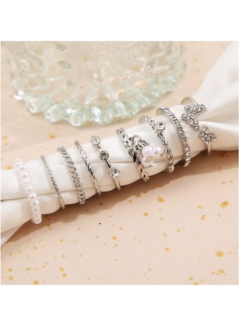 Huitich 9 Pcs Elegant Silver Ring Set – Alloy, Crystal & Pearl Stackable Fashion Rings  - Image 4