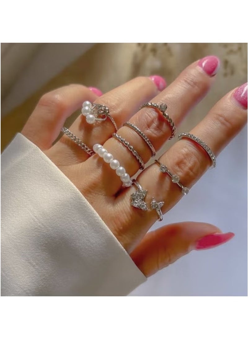 Huitich 9 Pcs Elegant Silver Ring Set – Alloy, Crystal & Pearl Stackable Fashion Rings  - Image 3
