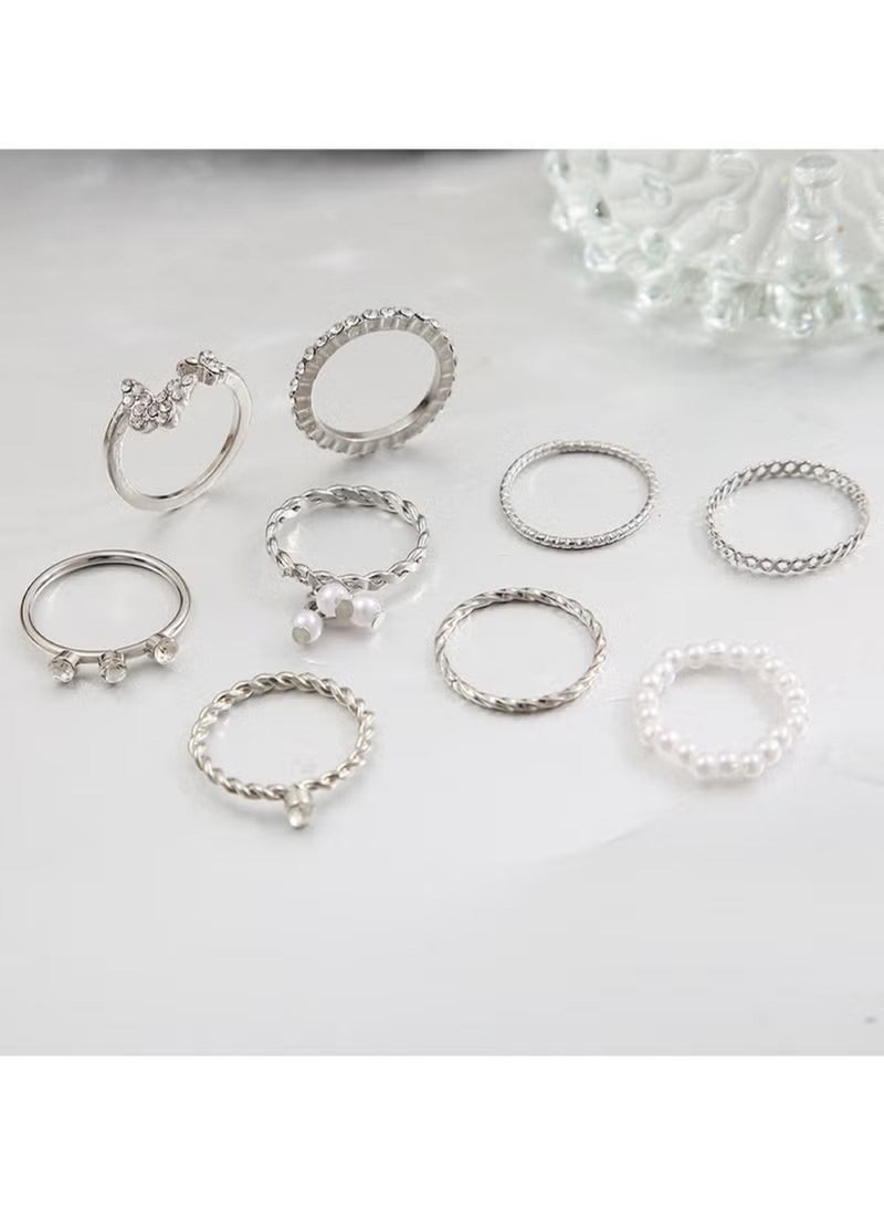 Huitich 9 Pcs Elegant Silver Ring Set – Alloy, Crystal & Pearl Stackable Fashion Rings  - Image 5